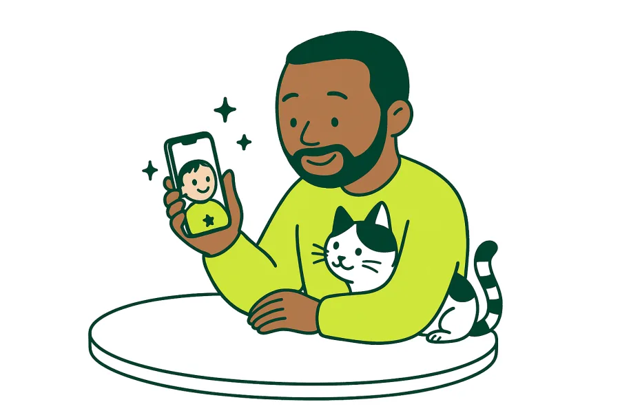 Un père sourit à son enfant en appel vidéo, son chat contre lui.