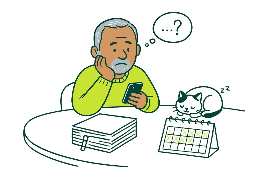 Un homme attend devant un épais dossier et un calendrier, son chat dort dessus.