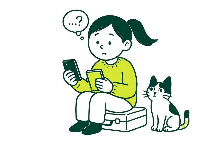Une jeune femme assise sur sa valise regarde son téléphone, son chat à côté.